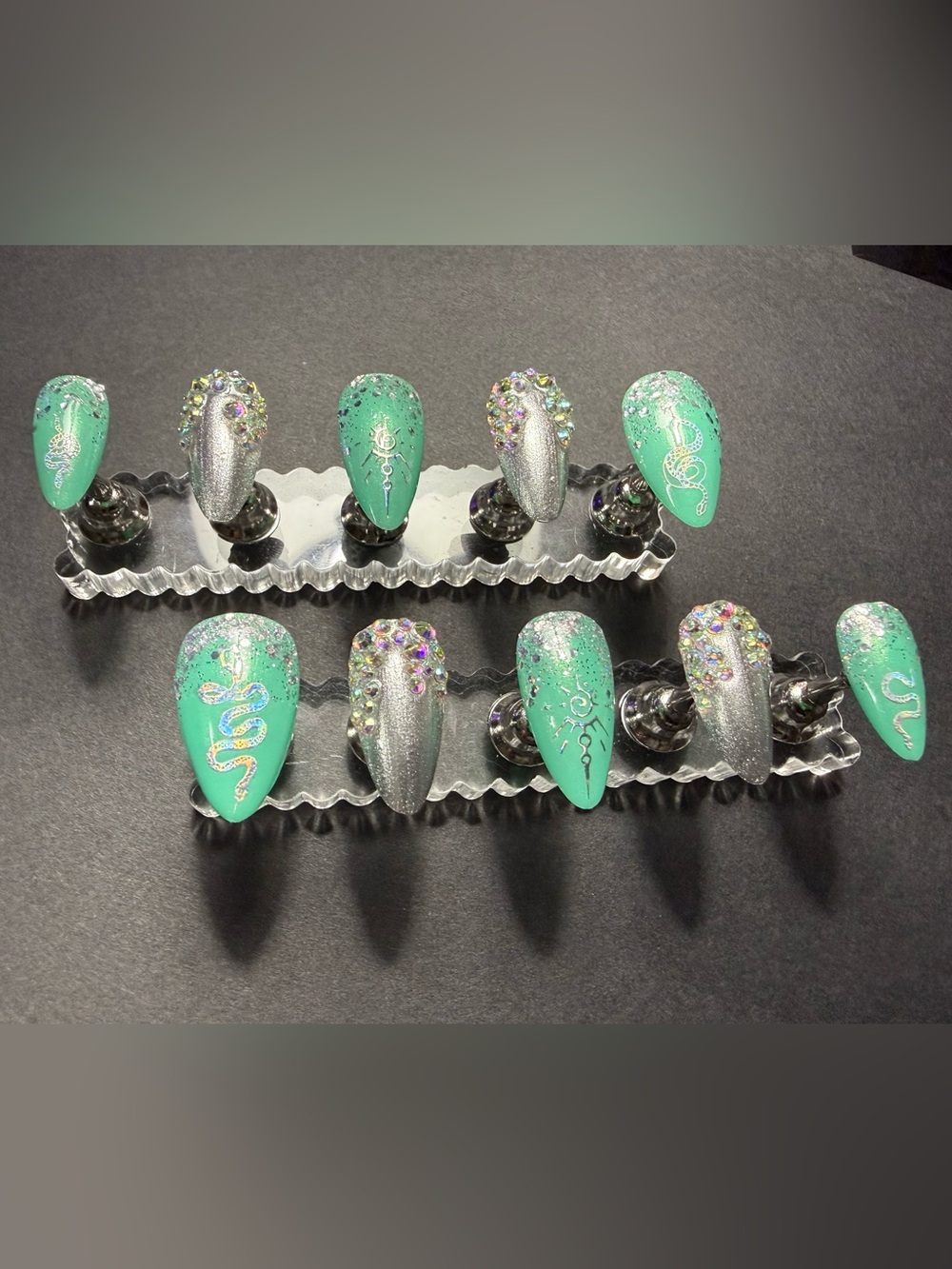 Seafoam Mermaid Green & Chrome Rhinestone Press-On Nails with Snakes
